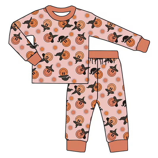 Baby Girls Bamboo Halloween Pumpkin Shirt Pants Pajamas Clothes Sets Preorder(moq 5)