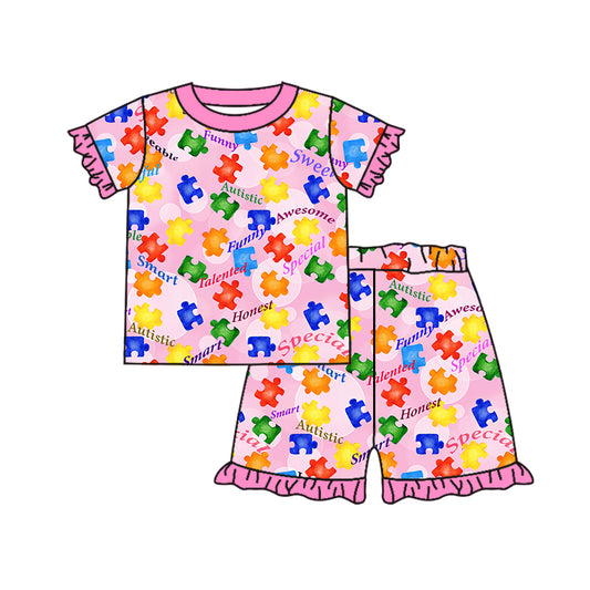 Baby Girls Pink Autistic Tee Top Ruffle Shorts Pajamas Clothes Sets preorder(moq 5)