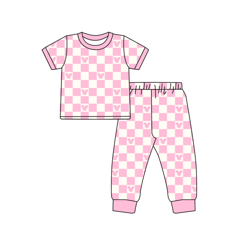 Baby Girls Cartoon Pink Checkered Mouse Head Short Sleeve Shirt Pants Pajamas Clothing Sets Preorder(moq 5)