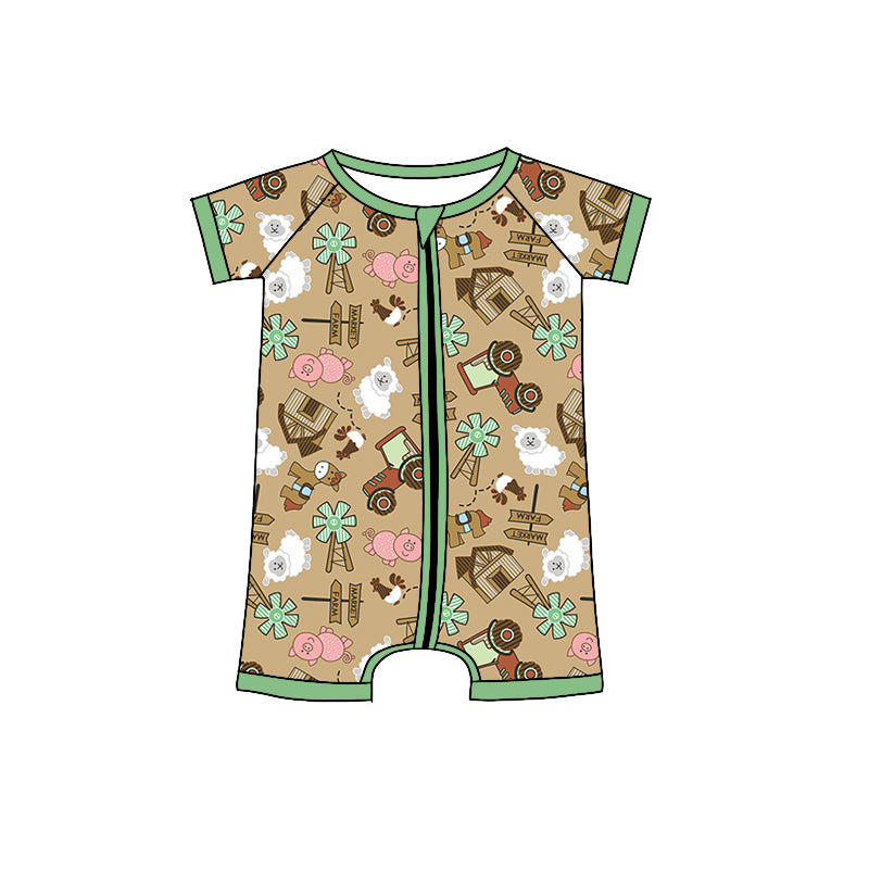 Baby Boys Farm Constcution Zip Short Sleeve Rompers preorder(moq 5)