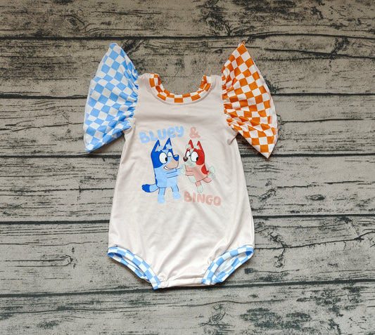 Baby Infant Girls Sister Dogs Checkered Sleeveless Rompers