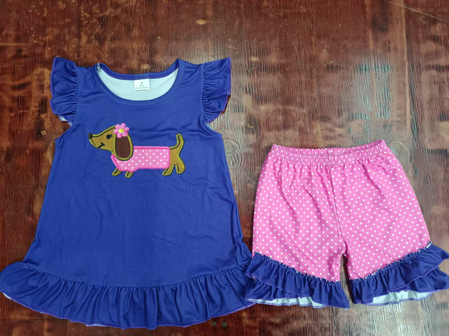 Preorder moq 5 Baby Girls Hot Blue Flutter Sleeves Dog Tunic Polka Dots Ruffle Short Set