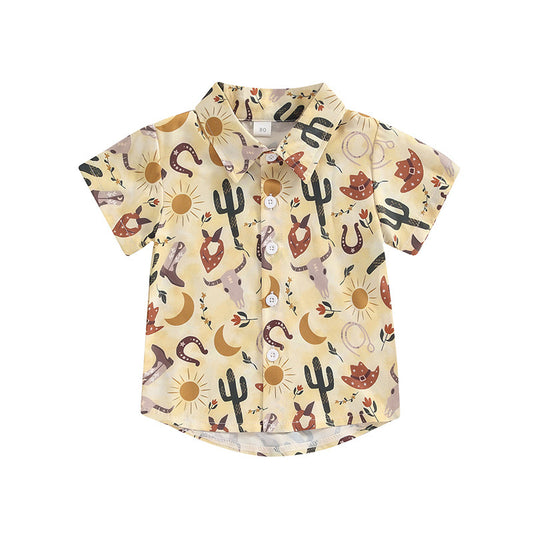 Baby Boys Western Cactus Short Sleeve Buttons Tee Shirts Tops Preorder(moq 5)