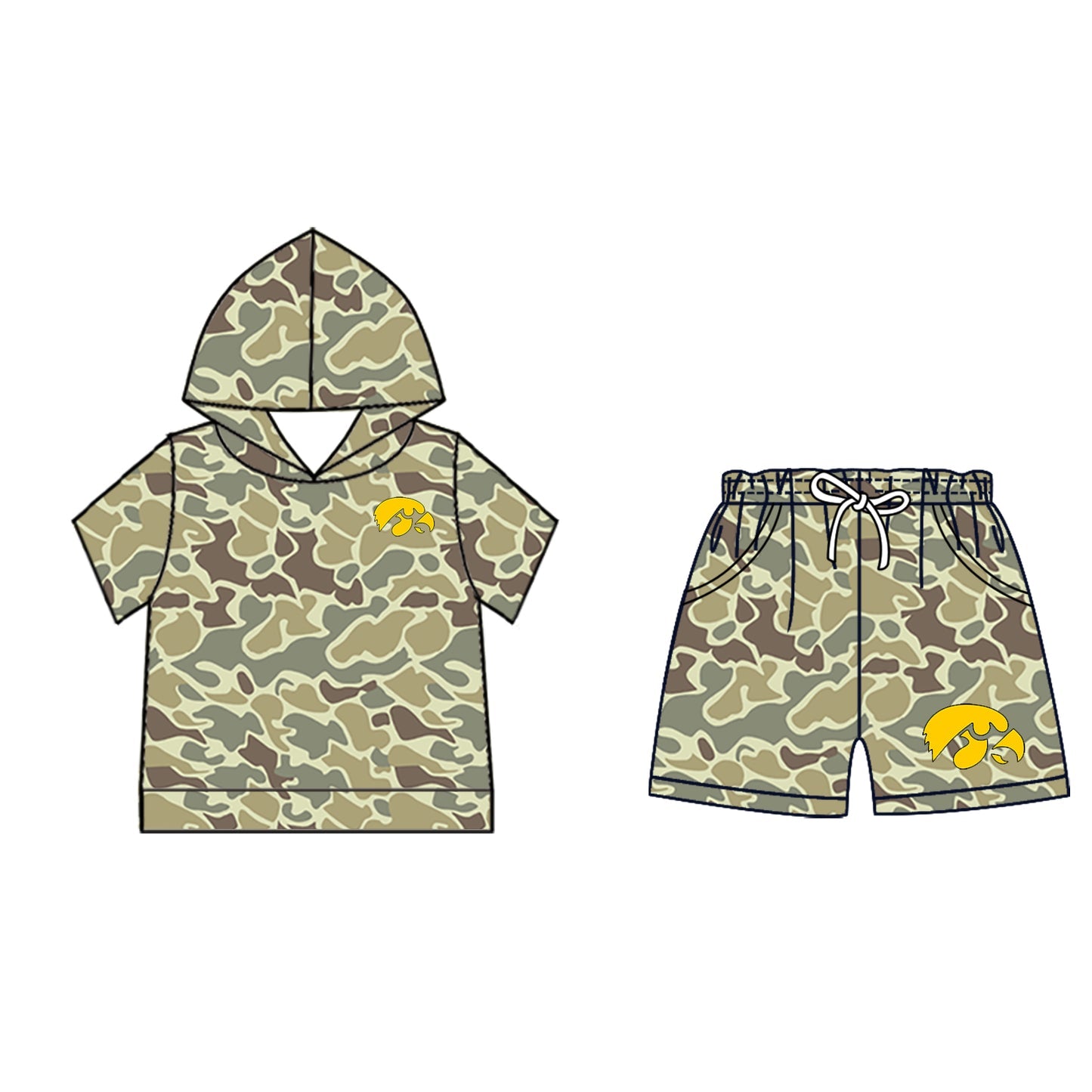 Preorder (moq 5)Baby Boys Khaki Camo Iowa Hawk Eyes Hoodie Pockets Short Team Clothes Set