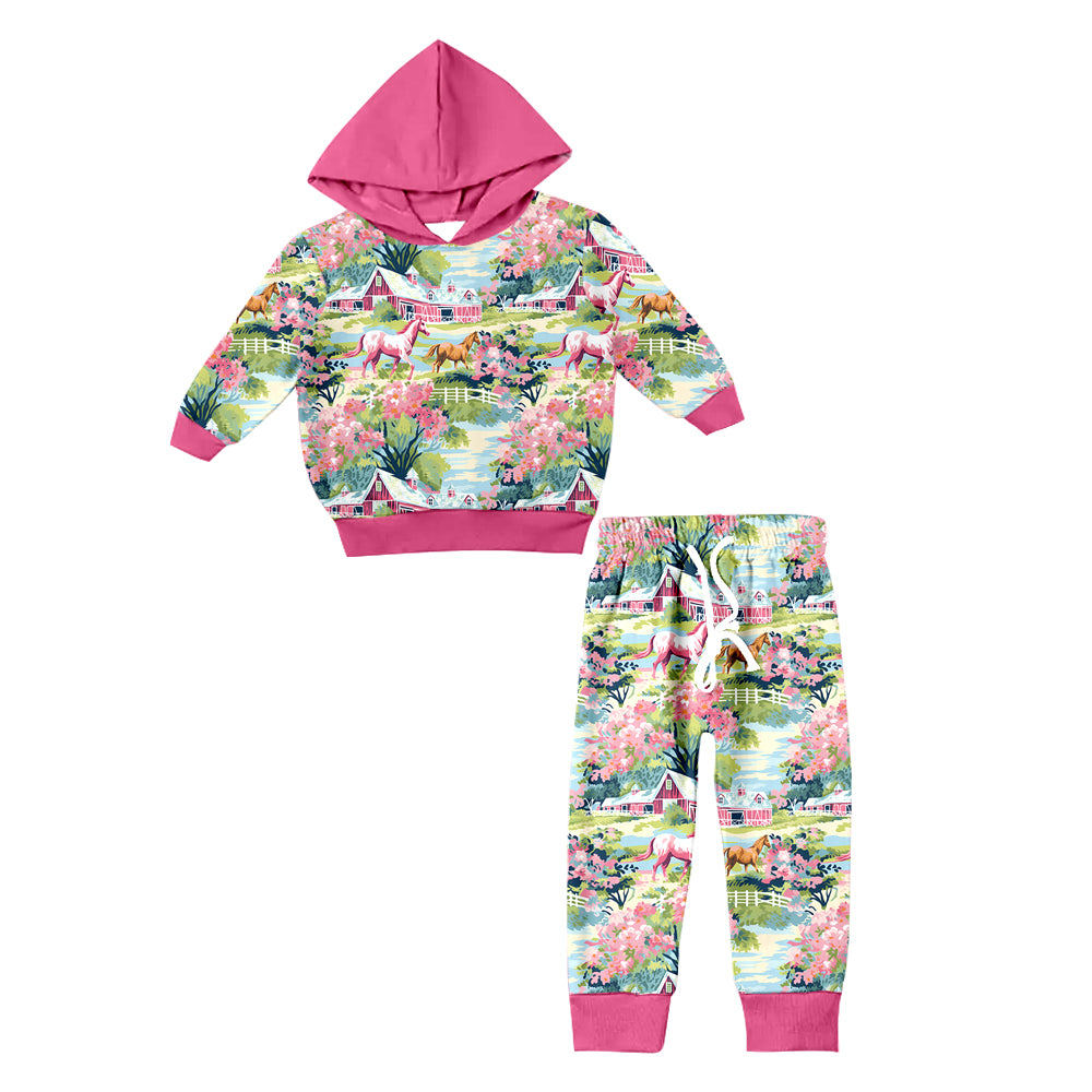 Baby Girls Western Colorful Horse Hooded Top Floral Pants Clothes Sets Preorder(moq 5)