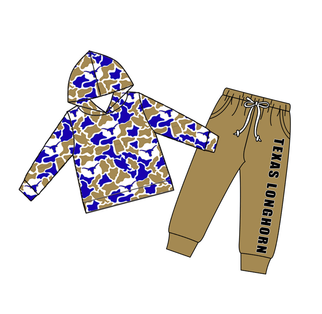 Preorder (moq5) Baby Boys Camo Texas Longhorn Hoodie Pockets Joggers Team Clothes Set