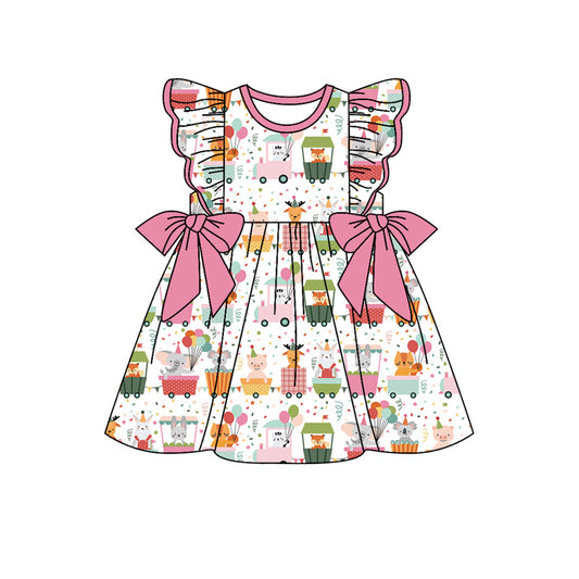 Preorder (moq 5)Baby Girls Pink Animals Flutter Sleeve Knee Length Dresses