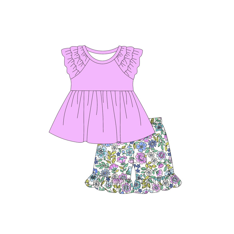 Preorder (moq 5)Baby Girls Lavender Ruffle Tunic Flowers Shorts Clothes Sets