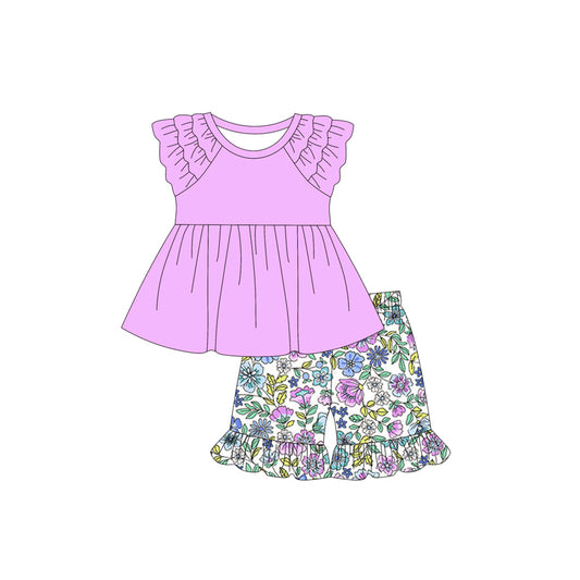 Preorder (moq 5)Baby Girls Lavender Ruffle Tunic Flowers Shorts Clothes Sets
