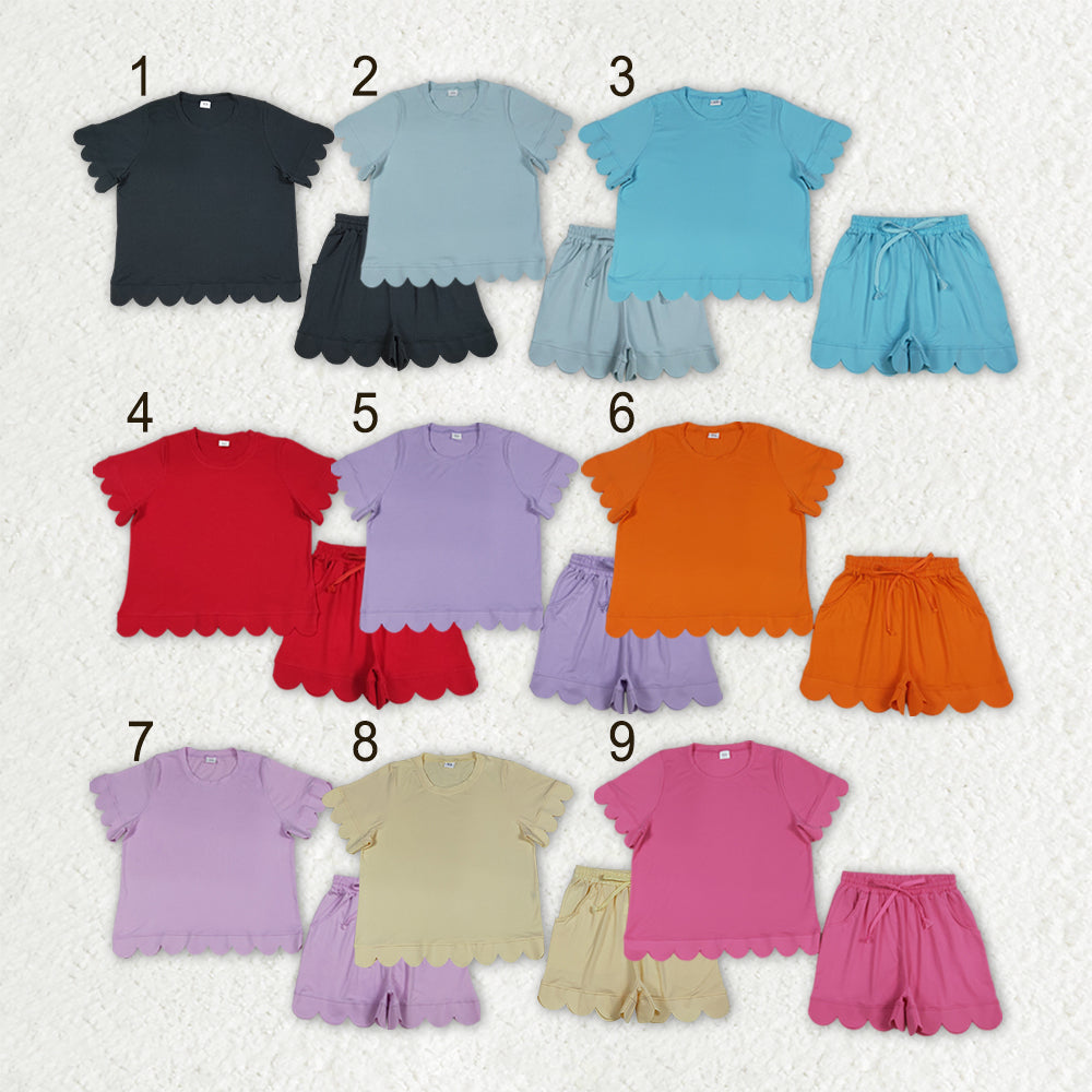 Sibling Adult Women Short Sleeve Shirts Top Pockets Short Scallop Clothes Set