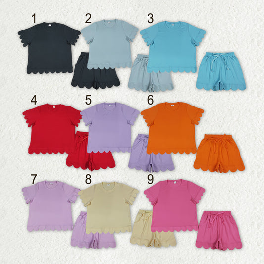 Sibling Adult Women Short Sleeve Shirts Top Pockets Short Scallop Clothes Set