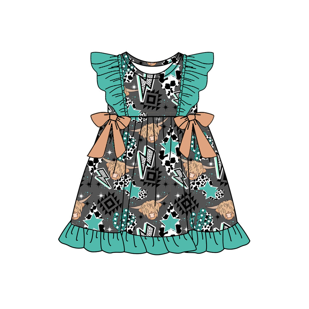 Preorder (moq 5)Baby Girls Western Cow Thunder Aztec Bows Knee Length Dresses