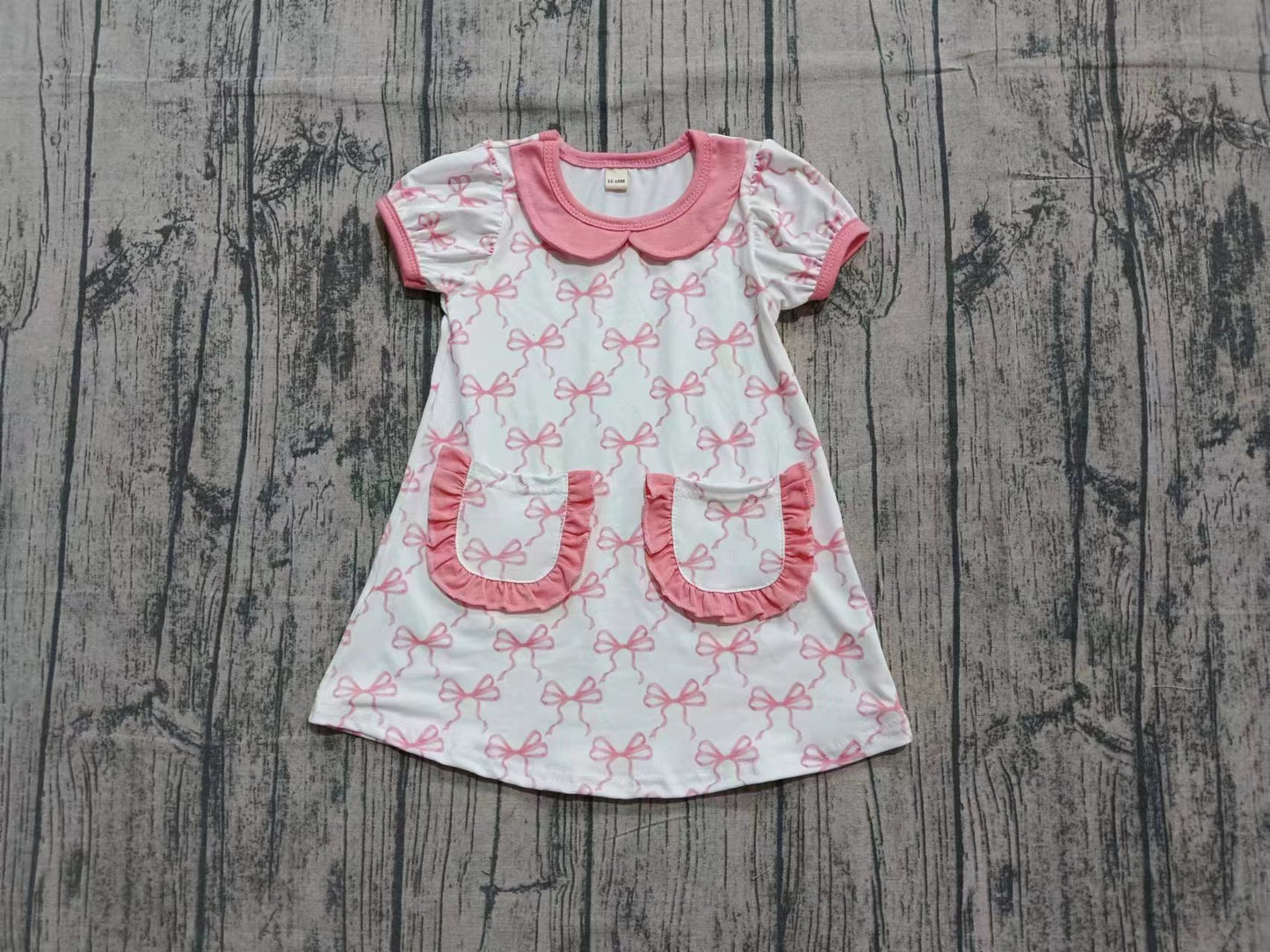 Preorder (moq 5)Baby Girls Short Ruffle Sleeve Pink Bows Checked Pockets Knee Length Dress