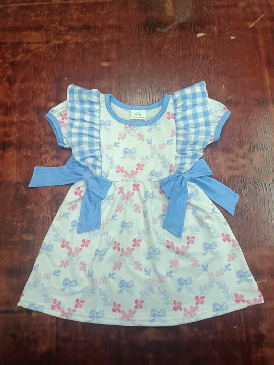 Preorder moq 5 Baby Girls Short Ruffle Sleeves Blue Bows Floral Plaid Knee Length Dress