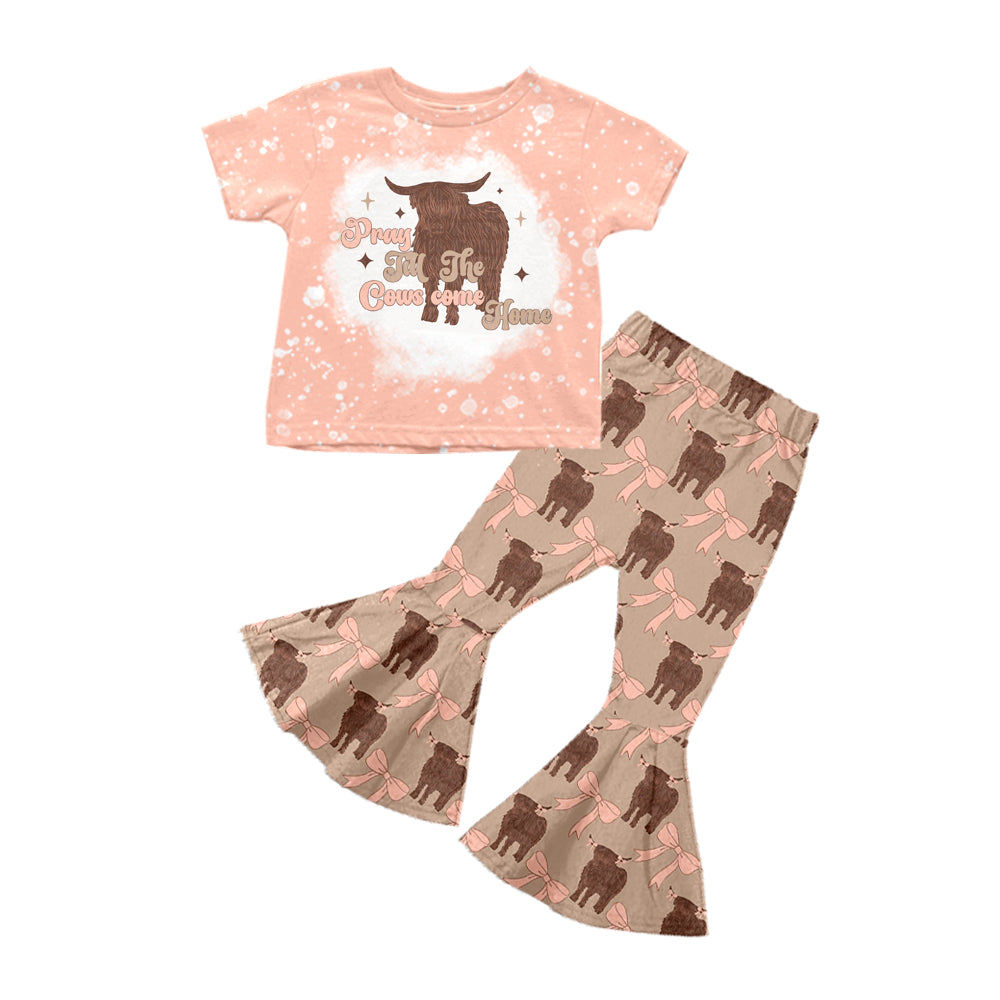 Baby Girls Pink Highland Cow Shirt Top Bows Bell Pants Clothes Sets preorder(moq 5)