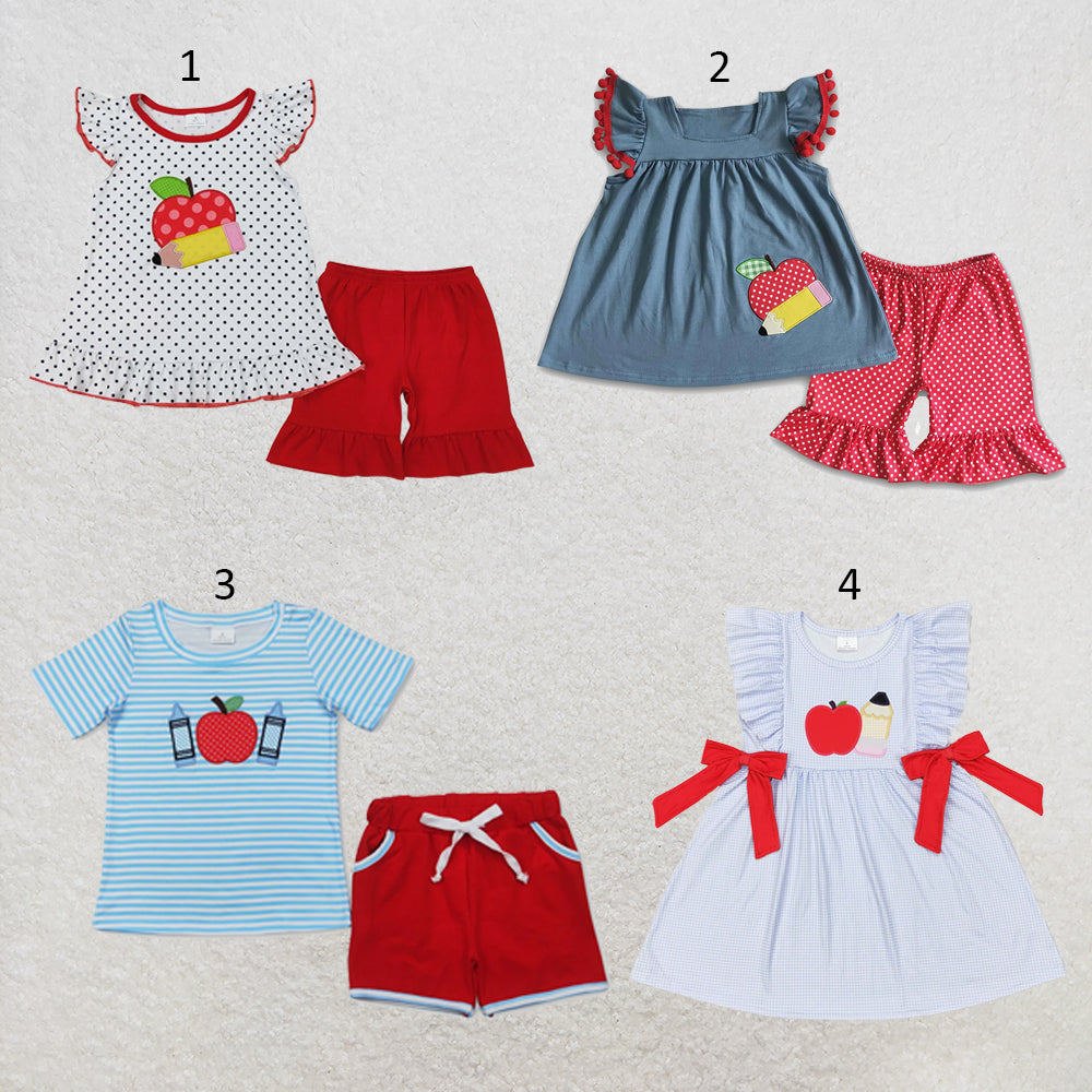Sibling Embroidery Apples Pencils Baby Kids Back To School Short Clothes Set Dresses