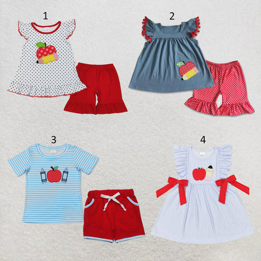 Sibling Embroidery Apples Pencils Baby Kids Back To School Short Clothes Set Dresses