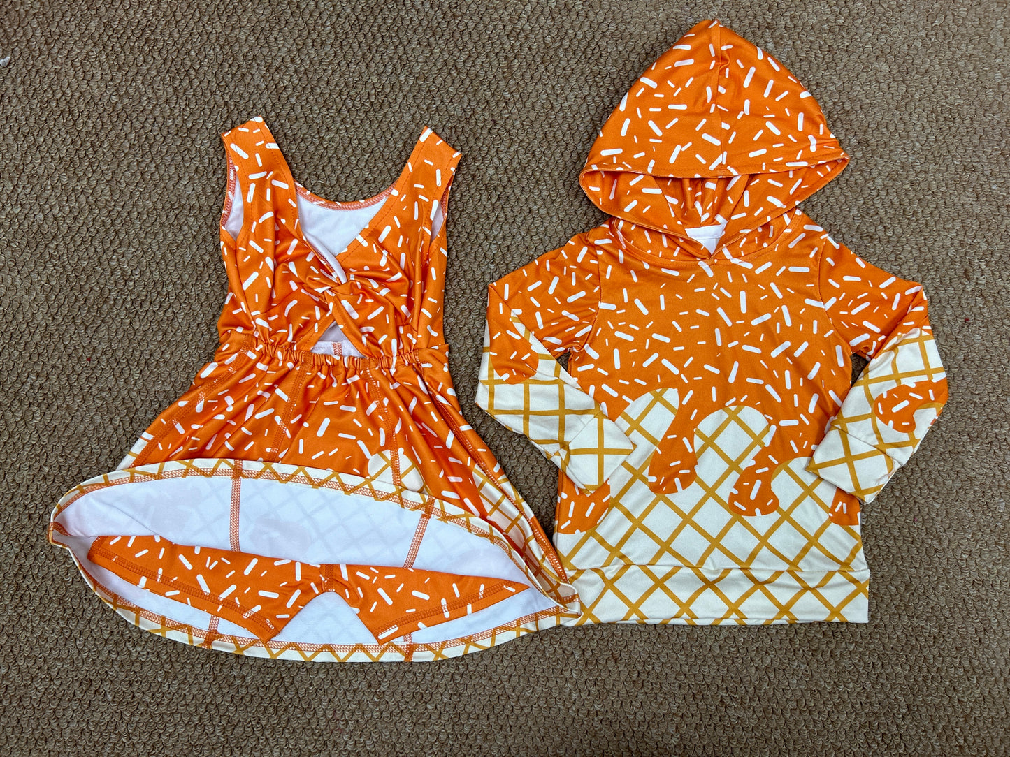 Sibling Baby Kids Orange Drip Team Hoodies Top Yoga Short Knee Length Dresses