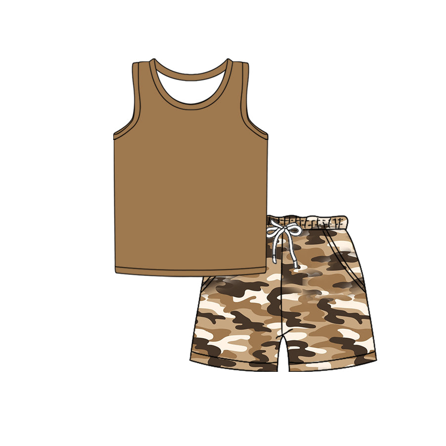 Preorder moq 5 Baby Boys Sleeveless Vest Top Brown Khaki Camo Pockets Short Set