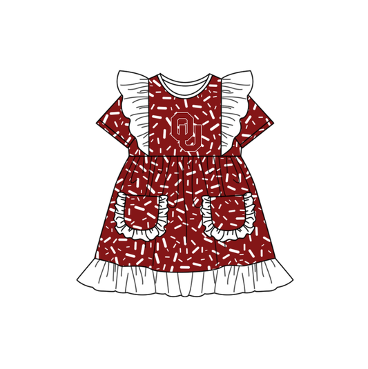 Preorder (moq 5)Baby Girls Flutter Short Sleeve Red Sprinkles OC Pockets Team Ruffle Knee Length Dresses