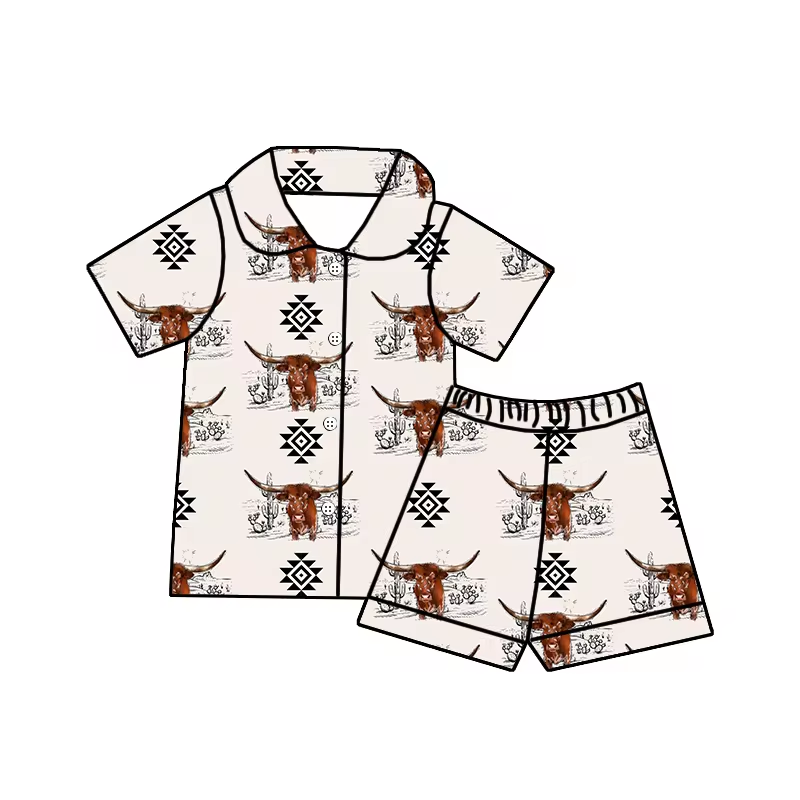 Baby Girls Highland Cow Aztec Buttons Shirt Shorts Pajamas Clothing Sets Preorder(moq 5)