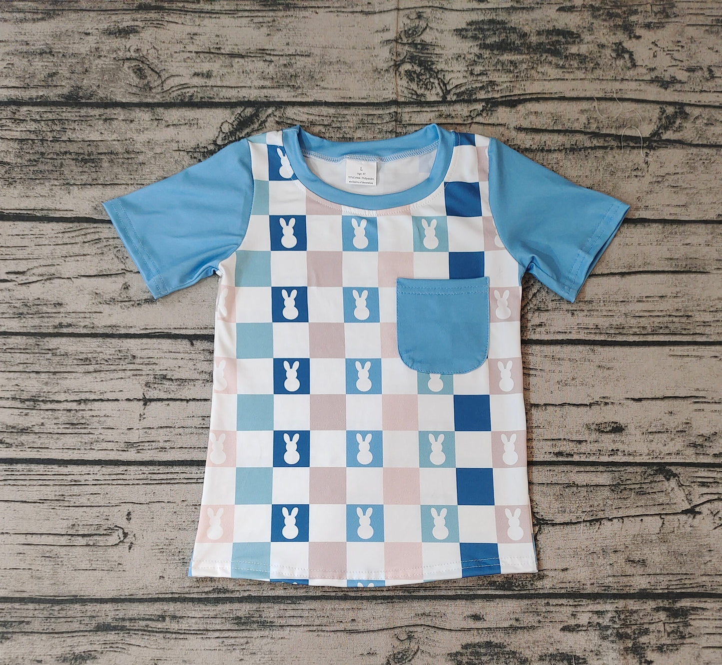 Baby Boys Blue Checkered Rabbits Pocket Short Sleeve Tee Shirts Tops