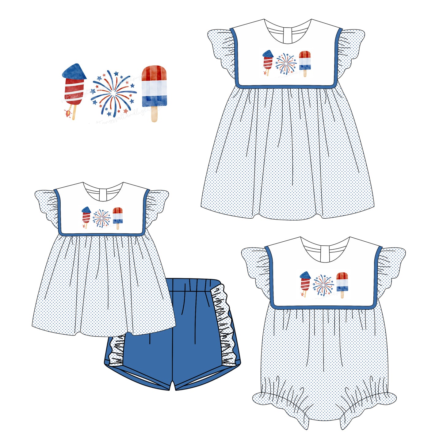 Preorder moq 5 Custom Baby Girls Blue Polka Dots Firework Popsicle Tunic Ruffle Short 4th Of July Set Knee Length Dress And Rompers