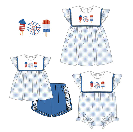 Preorder moq 5 Custom Baby Girls Blue Polka Dots Firework Popsicle Tunic Ruffle Short 4th Of July Set Knee Length Dress And Rompers