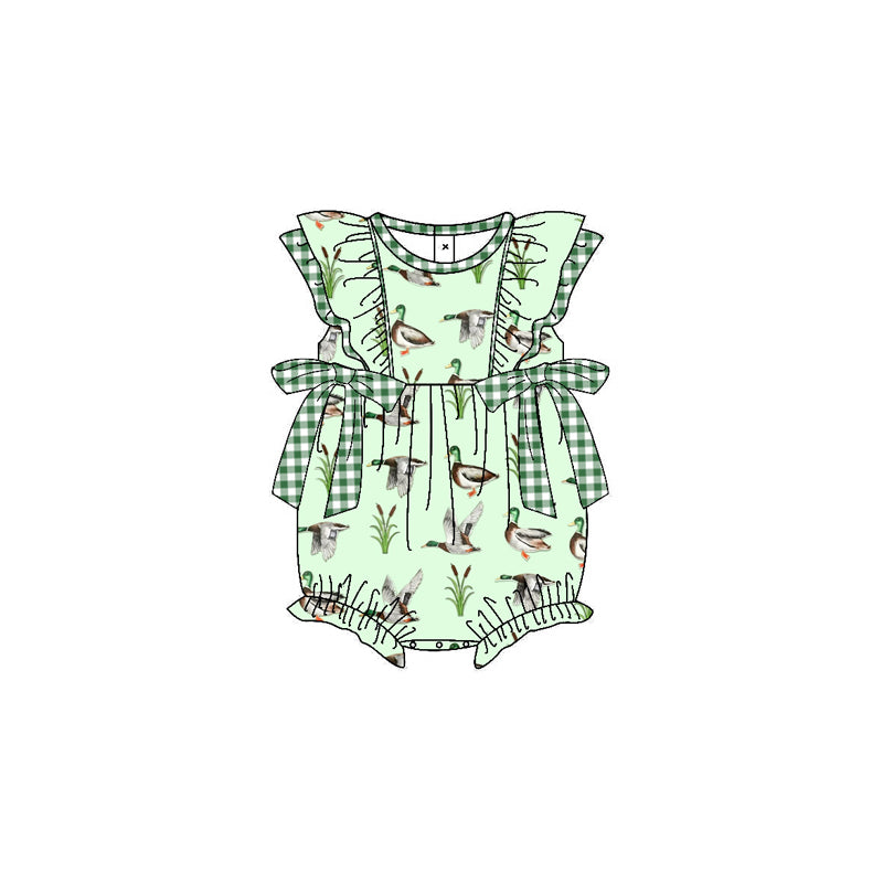 Baby Infant Girls Mallard Ducks Green Bows  Ruffle Rompers Preorder(moq 5)