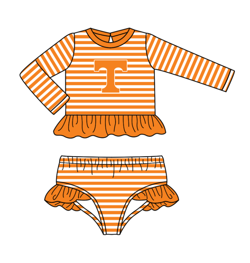 Preorder moq 5 Baby Girls Orange Stripe Tennessee Top Bummies Shorts Team Swimsuits