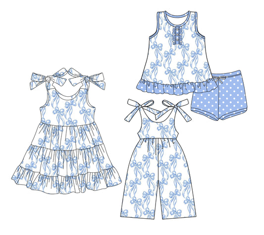 Preorder moq 5 Custom Baby Girls Blue Bows Tunic Polka Dots Shorts Set Knee Length Dress Jumpsuits