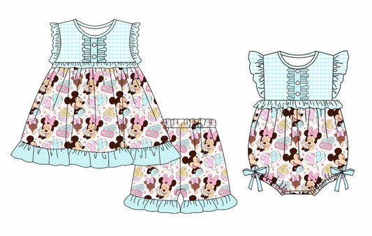 Preorder moq 5 Custom Baby Girls Sleeveless Cartoon Mouse Tunic Ruffle Short Set Rompers