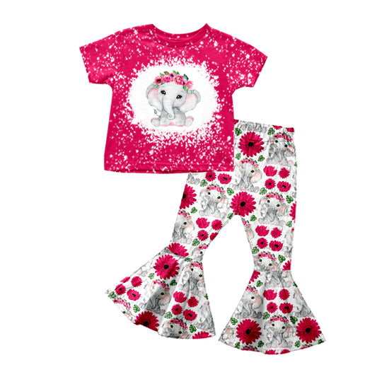Baby Girls Elephant Flowers Short Sleeve Shirts Bell Pants Clothes Sets preorder(moq 5)