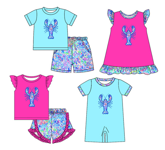 Preorder moq 5 Custom Baby Kids Short Sleeves Floral Crayfishes Top Shorts Set Knee Length Dress Romper
