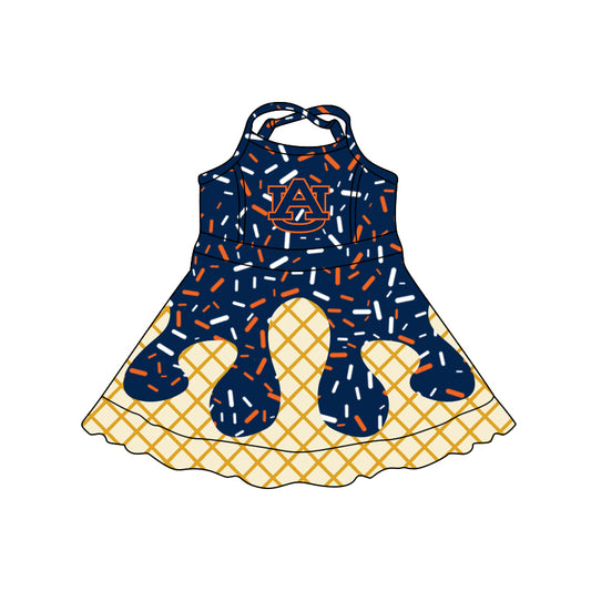 Preorder (moq 5)Baby Girls Strap Auburn Drip Sprinkles Team Shorts Ruffle Knee Length Dress