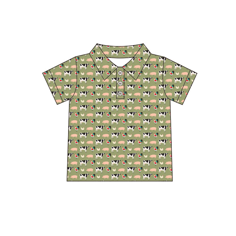 Preorder (moq 5)Baby Boys Farm Animals Short Sleeve Buttons Tee Shirts Tops