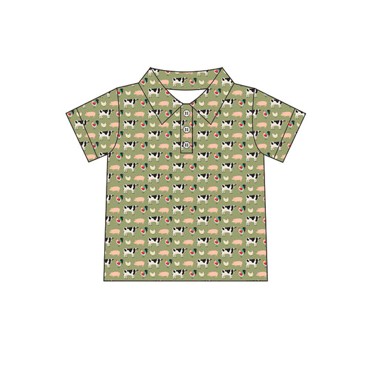 Preorder (moq 5)Baby Boys Farm Animals Short Sleeve Buttons Tee Shirts Tops