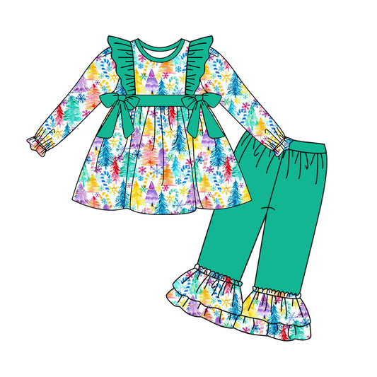 Baby Girls Christmas Colorful Tree Tunic Top Ruffle Pants Clothes Sets Preorder(moq 5)