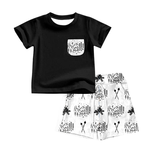 Baby Boys Black Short Sleeve Tee Top Camping Shorts Clothes Sets Preorder(moq 5)