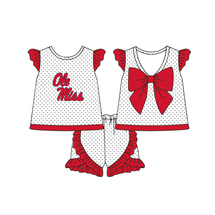 Preorder (moq 5)Baby Girls Ole Miss Rebels Polka Dots Back Bow Tunic Ruffle Shorts Team Clothes Sets