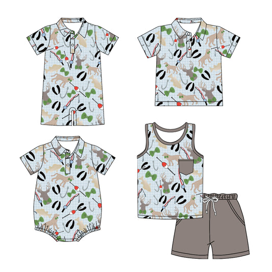 Preorder moq 5 Custom Baby Boys Gray Short Sleeves Fishing Button Top Short Set Polo Shirts And Rompers