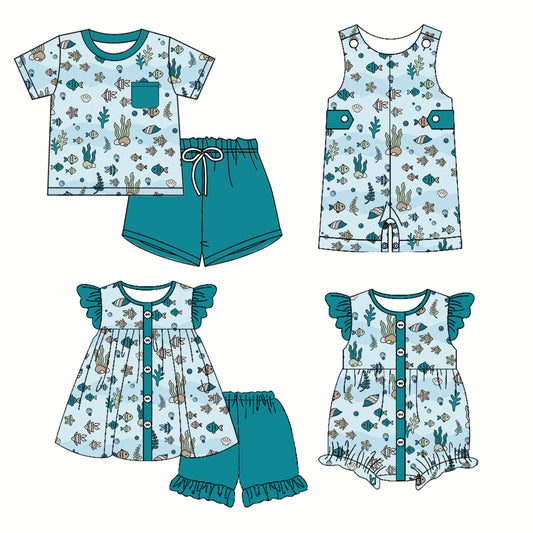 Preorder moq 5 Custom Baby Kids Green Button Pocket Sea World Top Short Sets Rompers