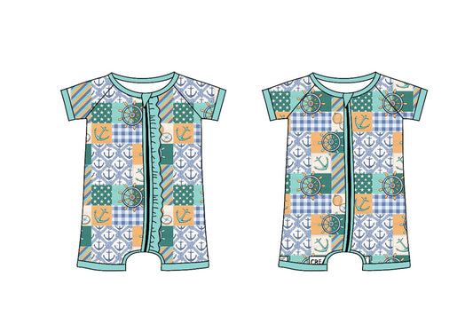 Preorder moq 5 Custom Baby Kids Green Short Sleeves Stars Plaid Hunting Zipper Rompers