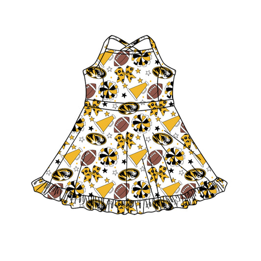 Preorder (moq 5)Baby Girls Strap Bows Stars Footballs Team Shorts Ruffle Knee Length Dress