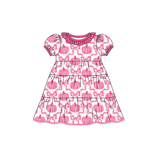 Preorder (moq 5)Baby Girls Short Ruffle Sleeves Pink Bows Pumpkins Plaid Knee Length Dresses