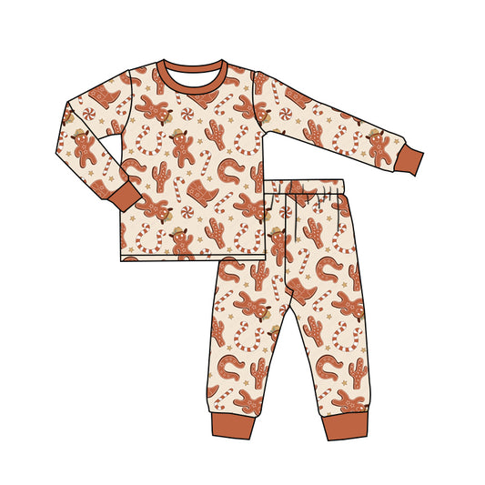 Baby Boys Christmas Western Gingerbread Top Pants Pajamas Clothes Sets Preorder(moq 5)