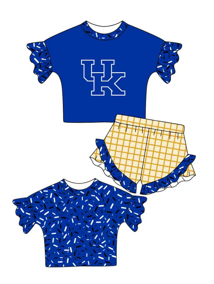 Preorder (moq 5)Baby Girls Hot Blue Back Sprinkles UK Top Checked Ruffle Shorts Team Clothes Set
