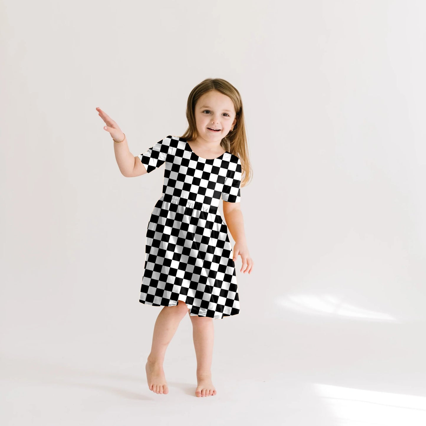 Preorder (moq 5)Baby Girls Black Checkered Knee Length Dresses