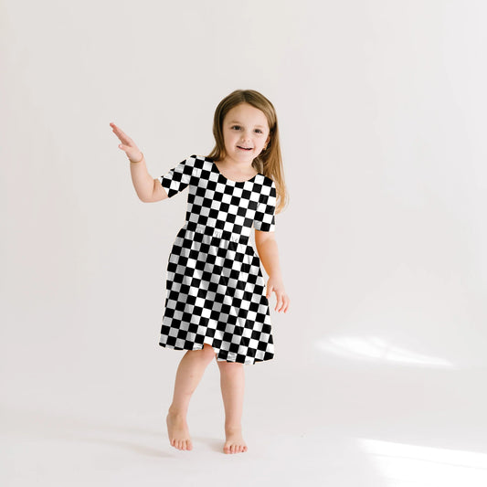 Preorder (moq 5)Baby Girls Black Checkered Knee Length Dresses