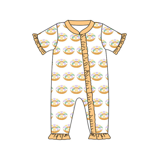 Preorder(moq 5)Baby Infant Girls Donuts Ruffles Short Sleeve Zip Rompers